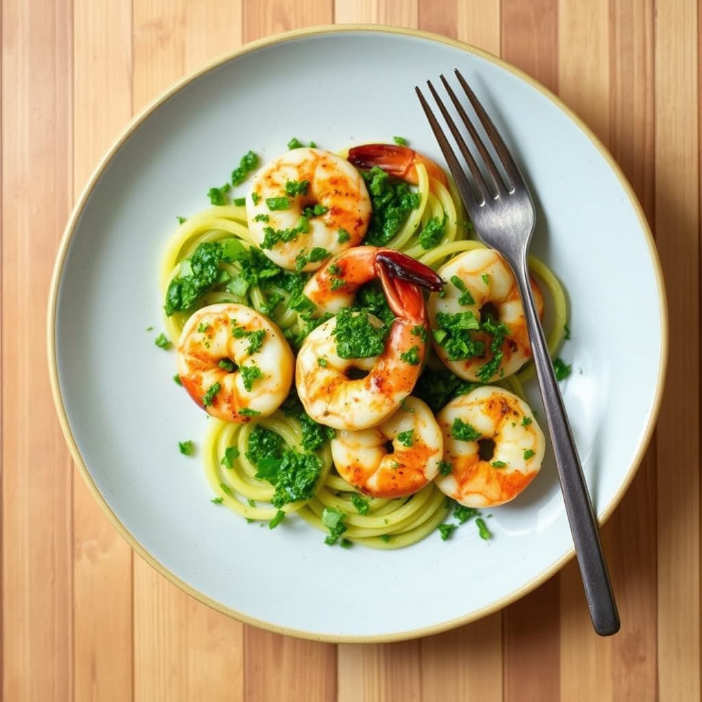 Ristede reker vendt i persillepesto