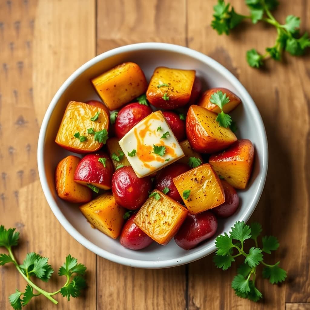 Ristede røde nye poteter med søt paprikabutter og persille