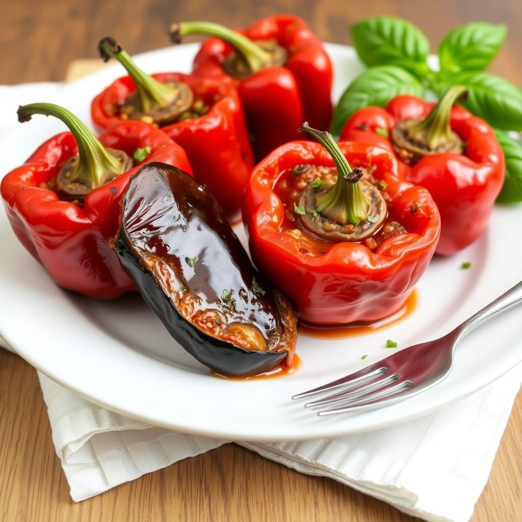 Ristede røde paprika med aubergine (Funghetto)