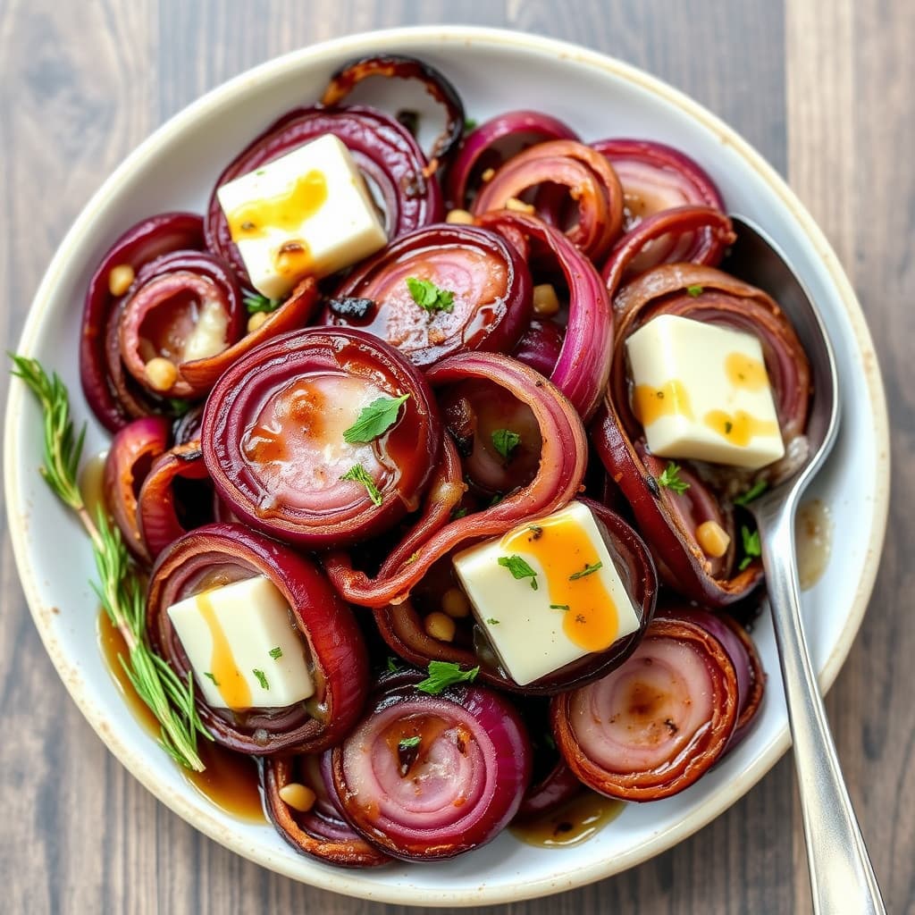 Ristede rødløk med smør, honning og balsamicoeddik