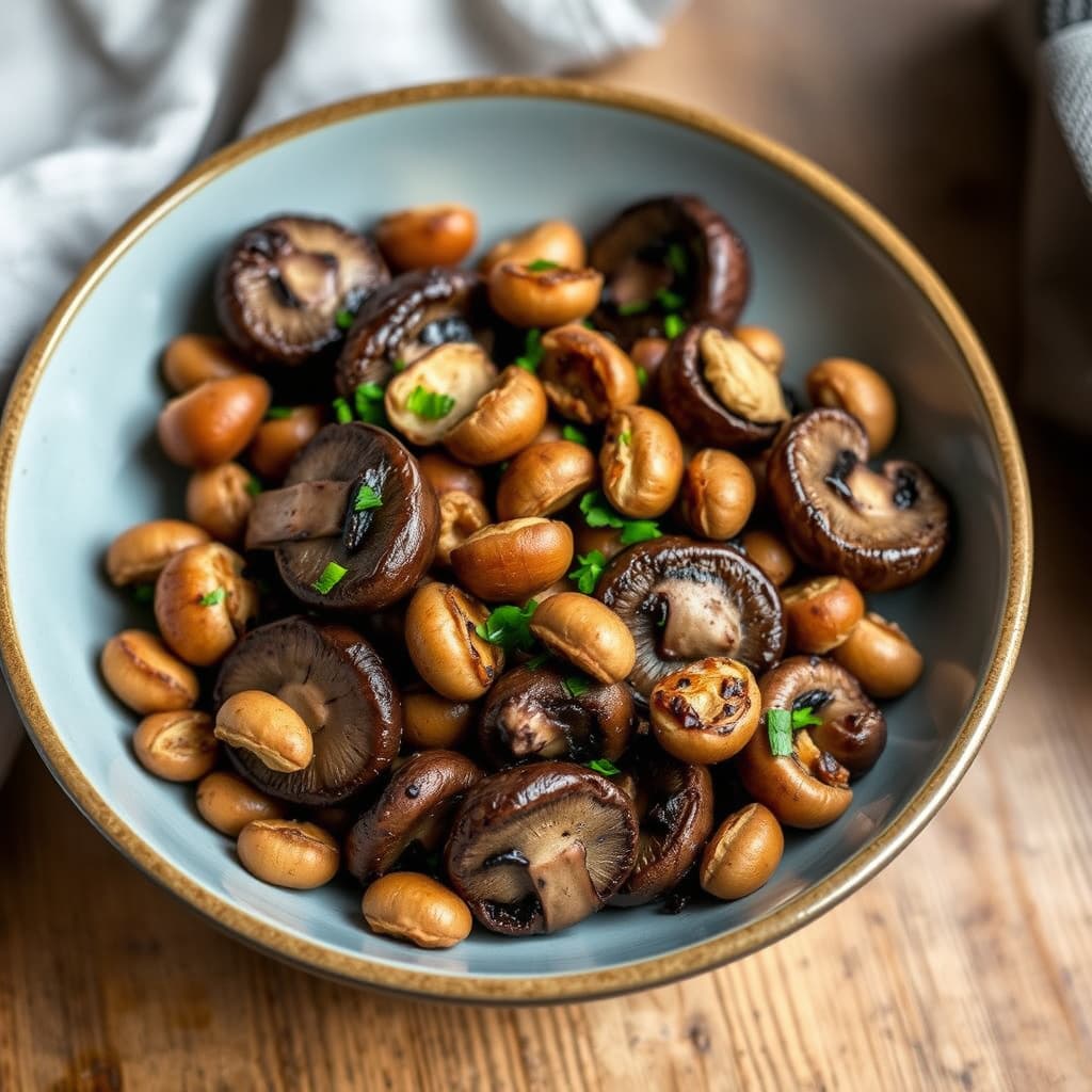 Ristede sopp med ristet, smørdampet hasselnøtter