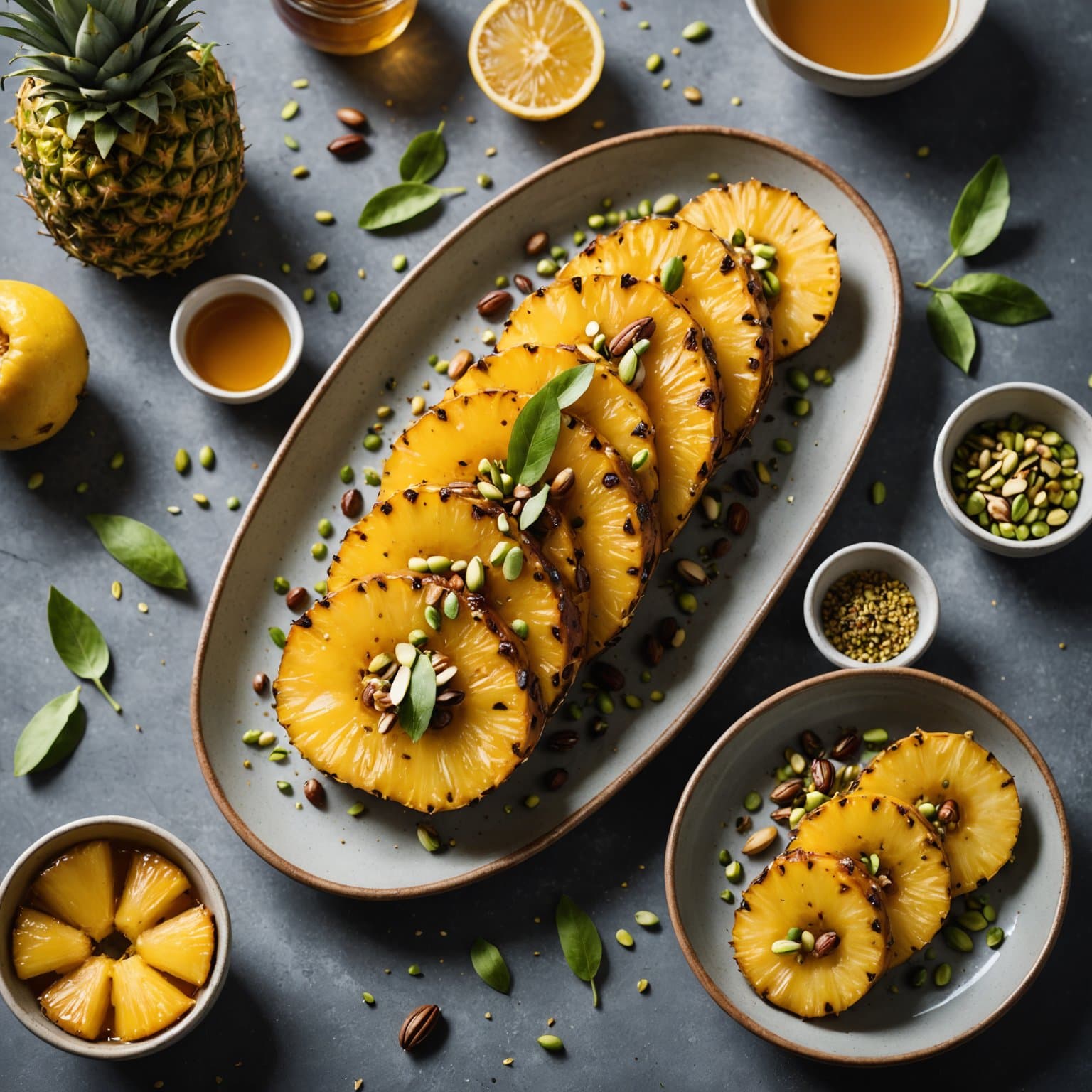 Ristet ananas med honning og pistasj