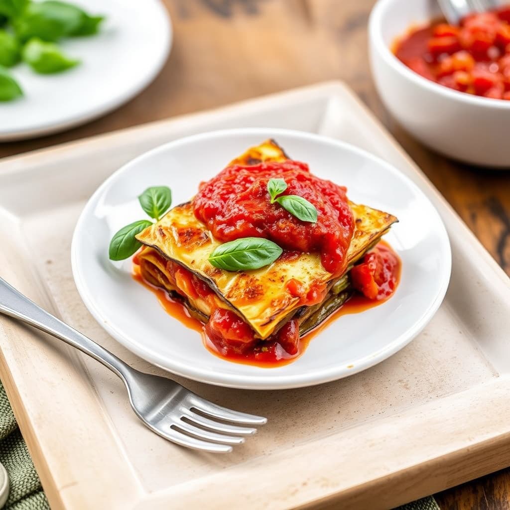 Ristet aubergine-lasagne med gratinert tomatsaus