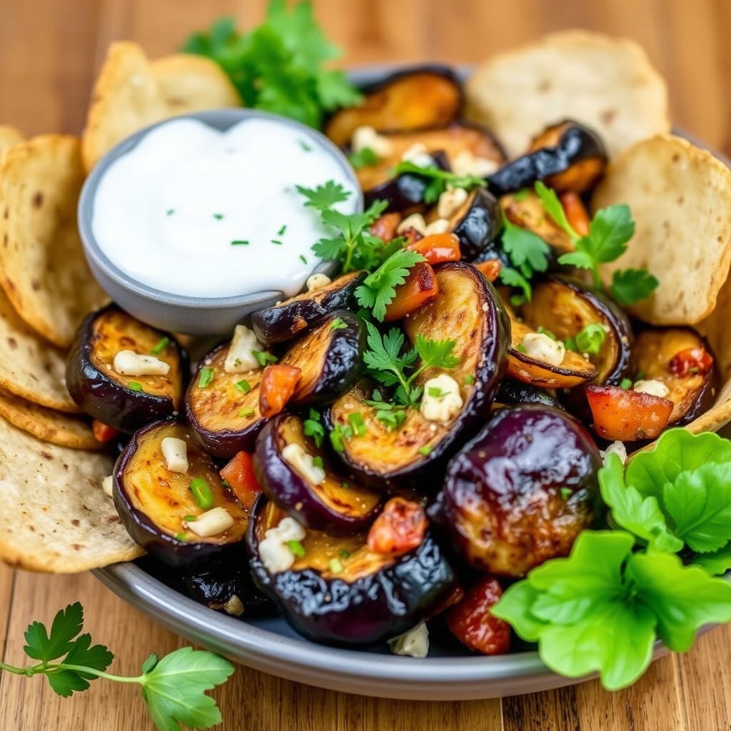 Ristet auberginesalat med pitachips og yoghurtsaus