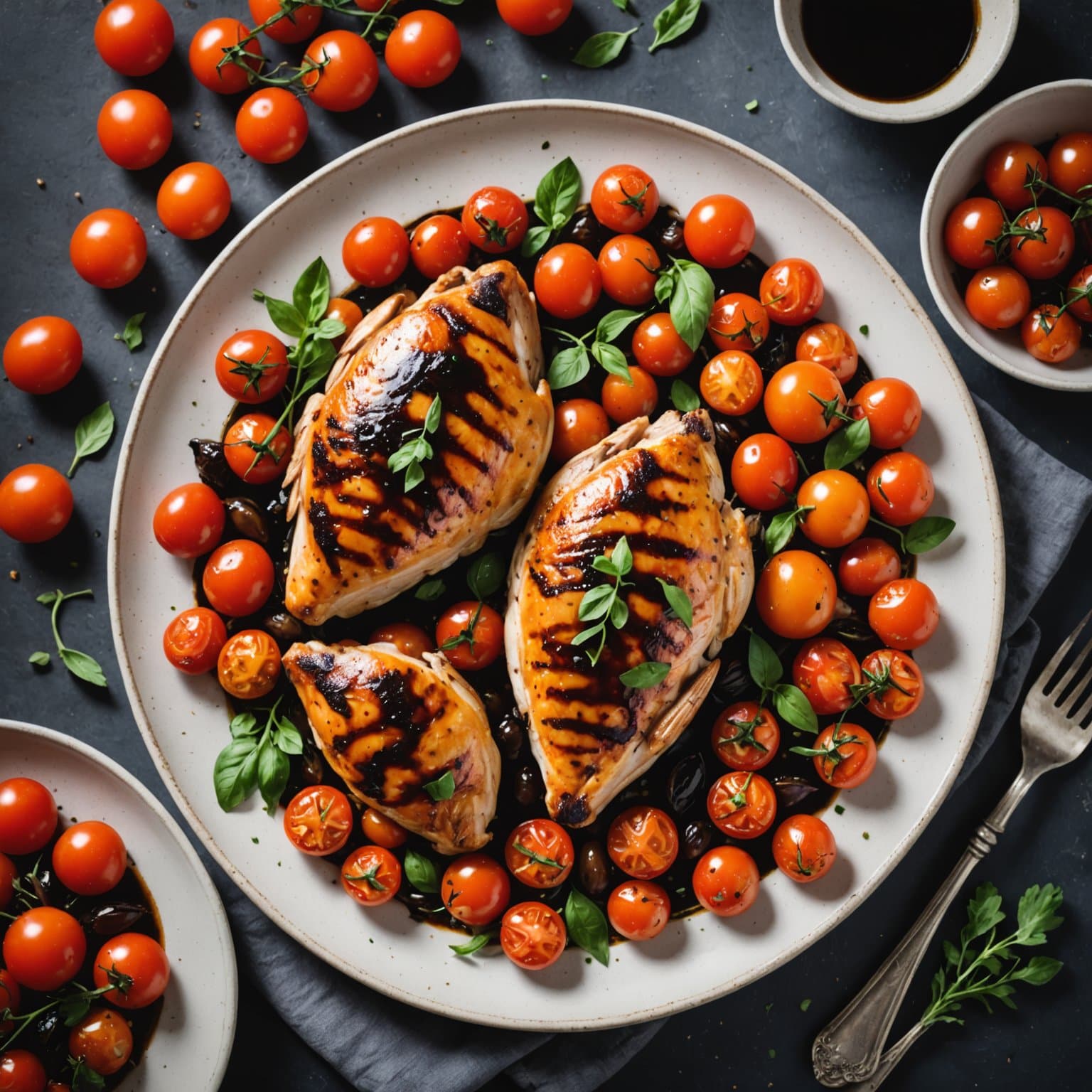 Ristet balsamico-kylling med små tomater