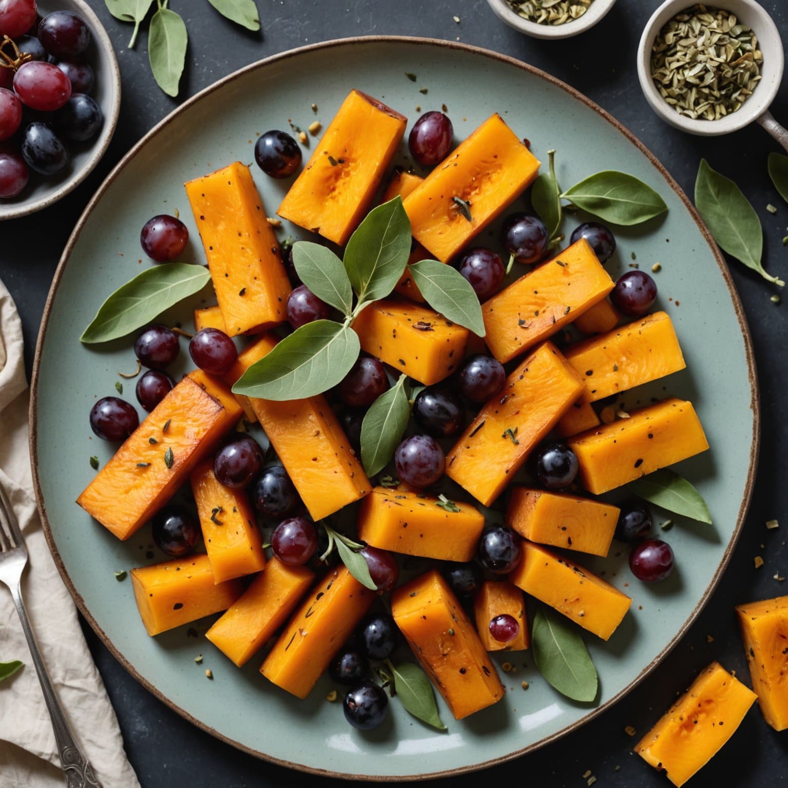 Ristet butternutgresskar, røde druer og salvie