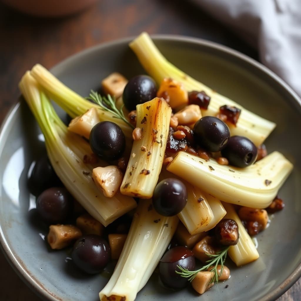 Ristet fennikel med oliven og hvitløk