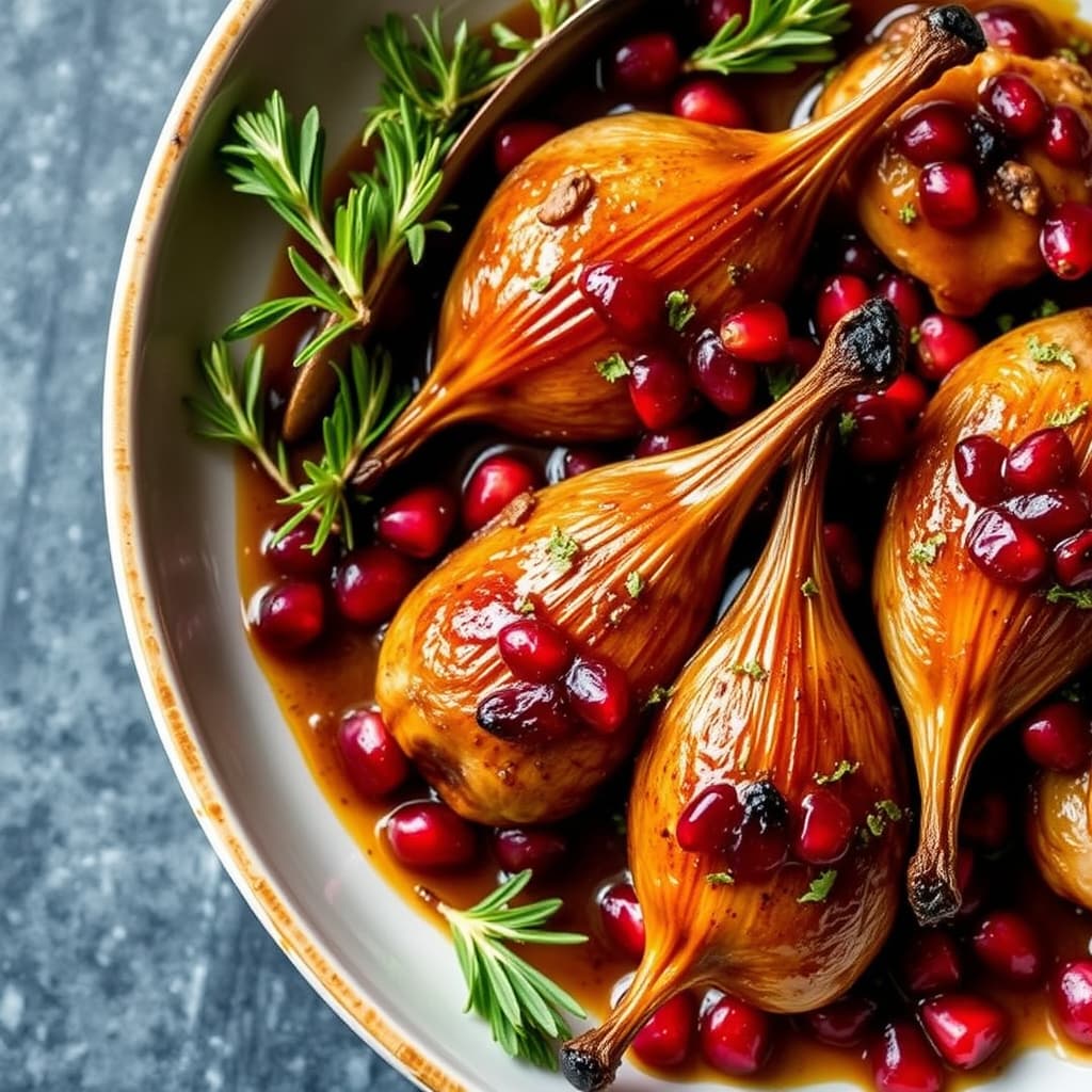 Ristet fuglekylling med datol og granateplesaus