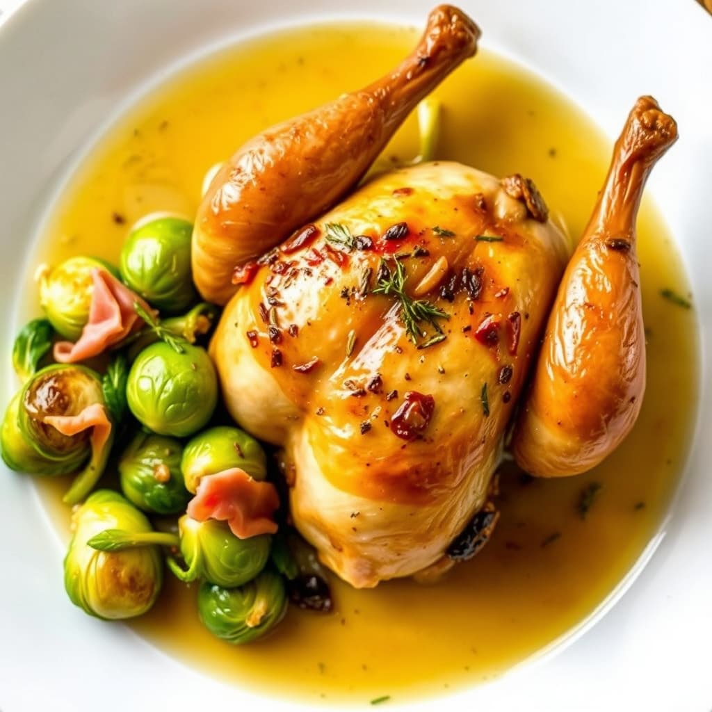 Ristet guinea-høne med sitron-tyme-pansaus og rosenkål med Serrano-skinke