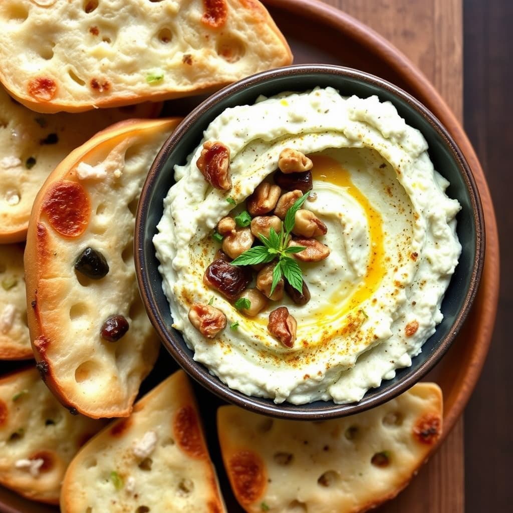 Ristet hvitløk-, feta- og valnøttdip, ristet flatbrød