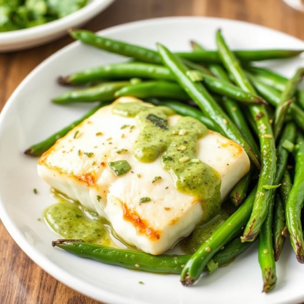 Ristet kveite og grønne bønner med asiatisk koriandersaus