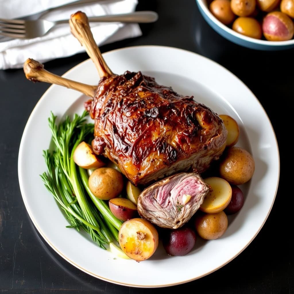 Ristet lammelår med artisjokker, fennikel og røde Bliss-poteter
