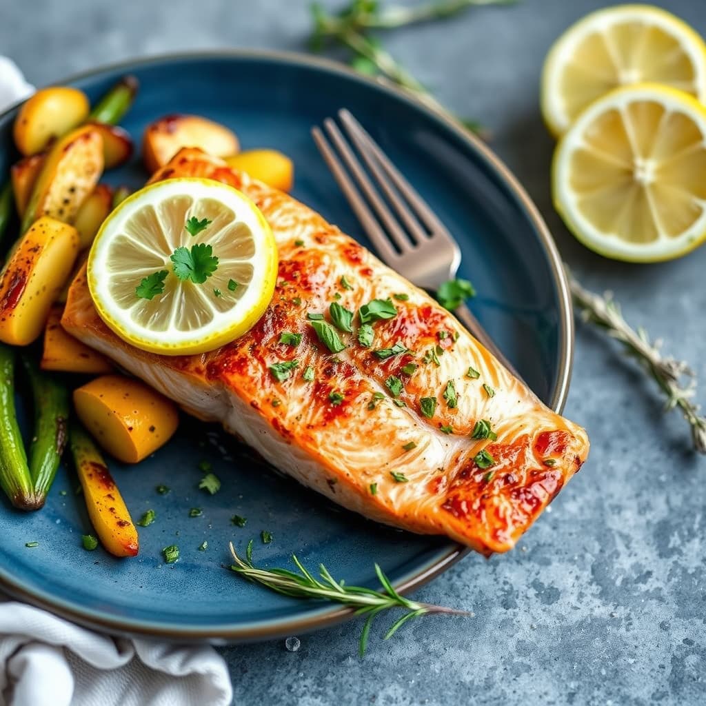 Ristet miso-laks med sitron og koriander, servert med rosmarinbakte Yukons
