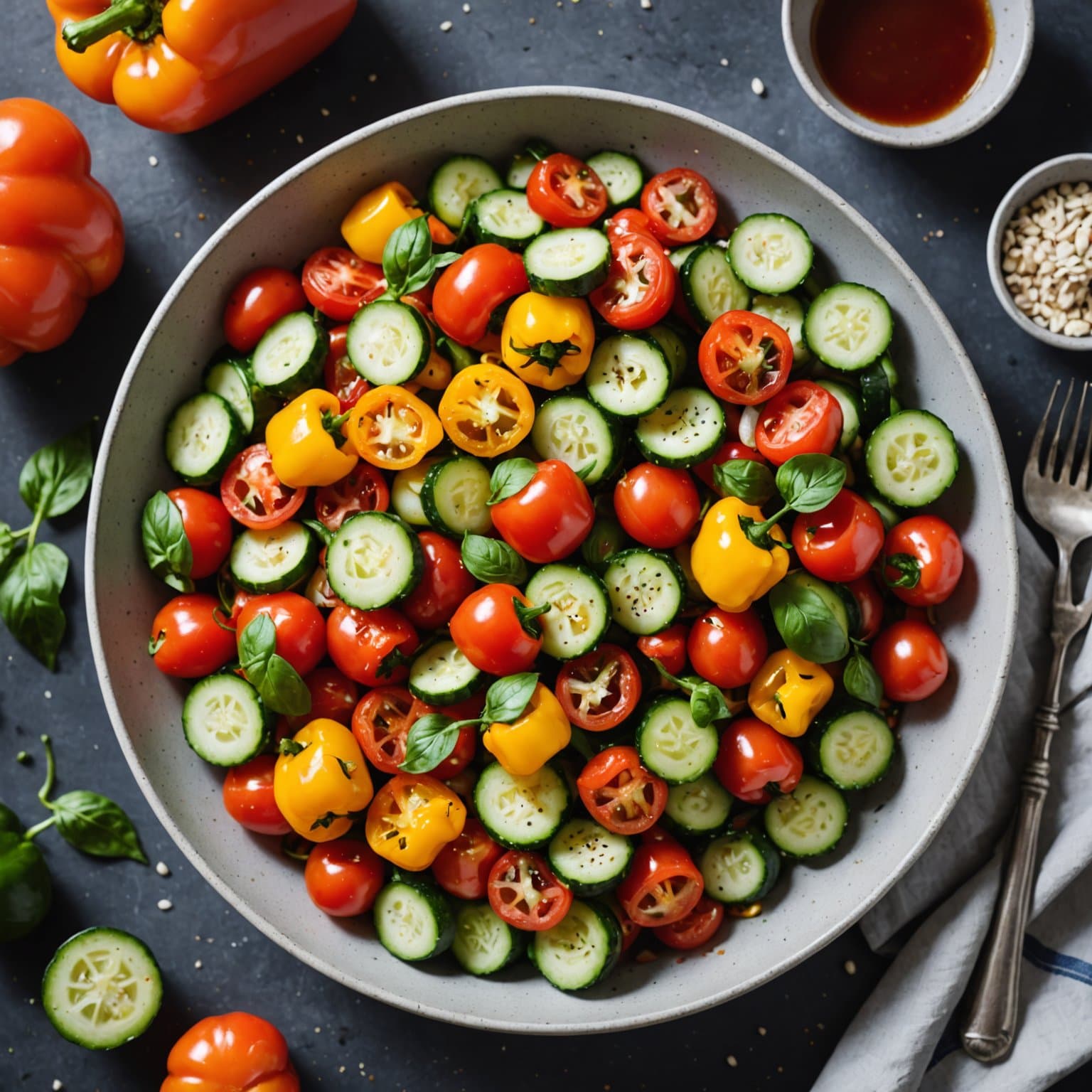 Ristet paprika-, agurk- og tomatsalat