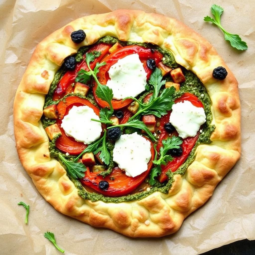 Ristet paprika og fetaost med ruccolapesto galette