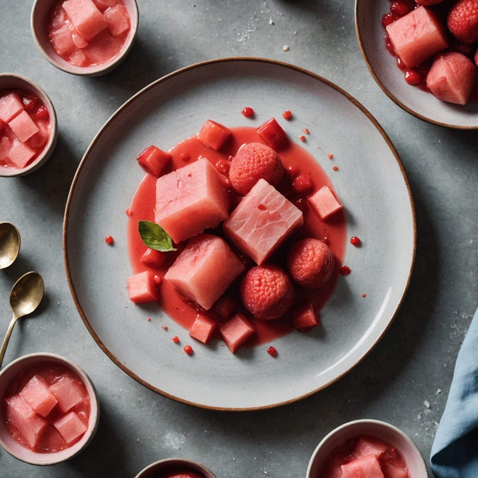 Ristet rabarbra med rosenvann og jordbærsorbet
