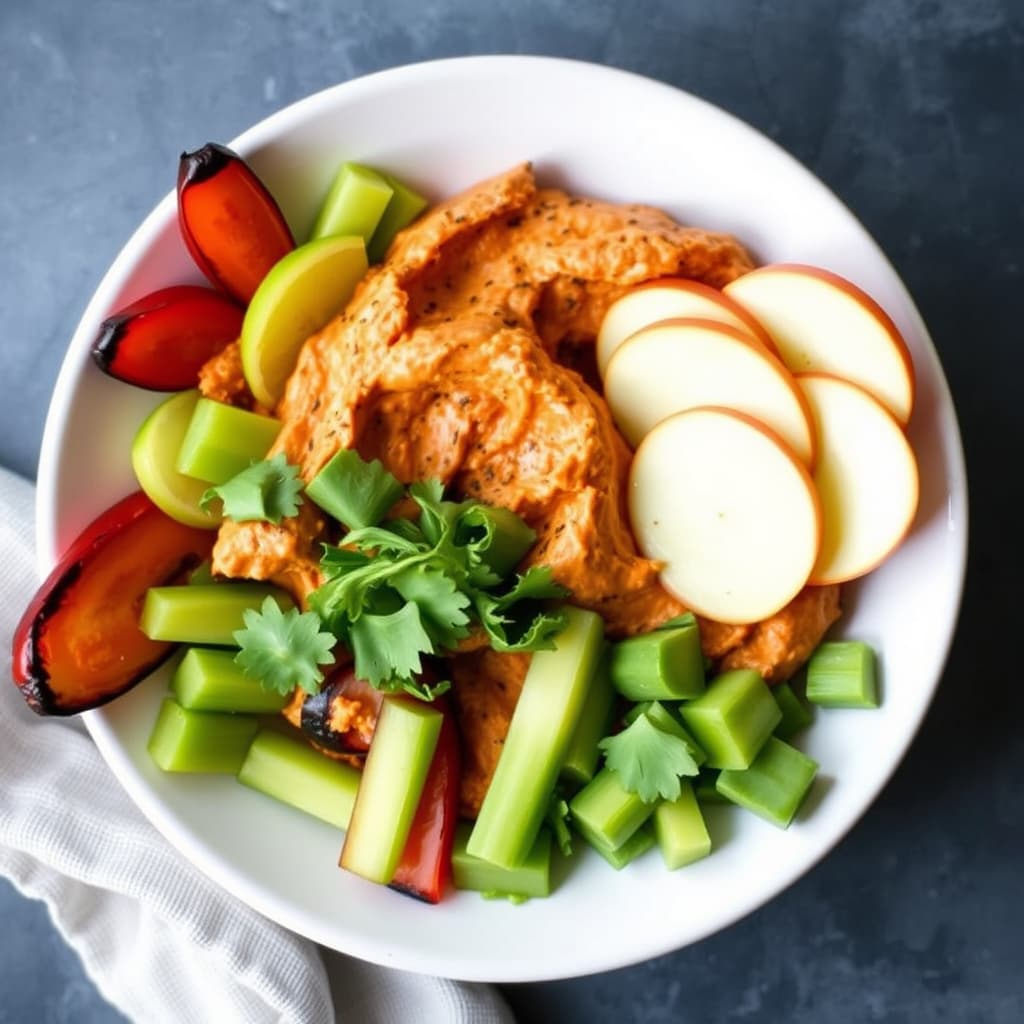 Ristet rød paprika-hummus og grønnsaksstaver