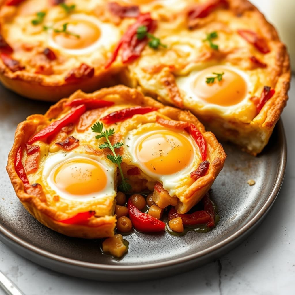 Ristet rød paprika og potetpai med egg