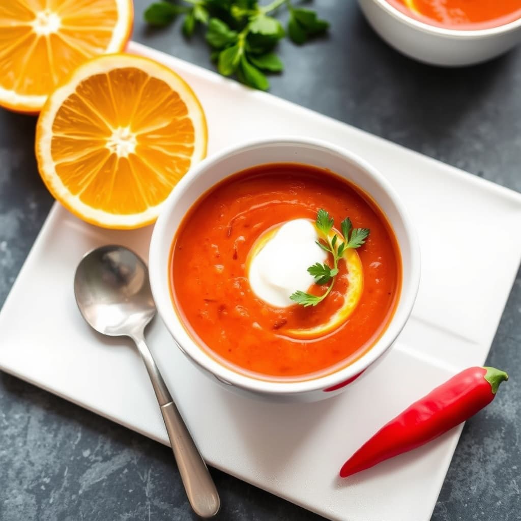 Ristet rød pepper-suppe med appelsinkrem