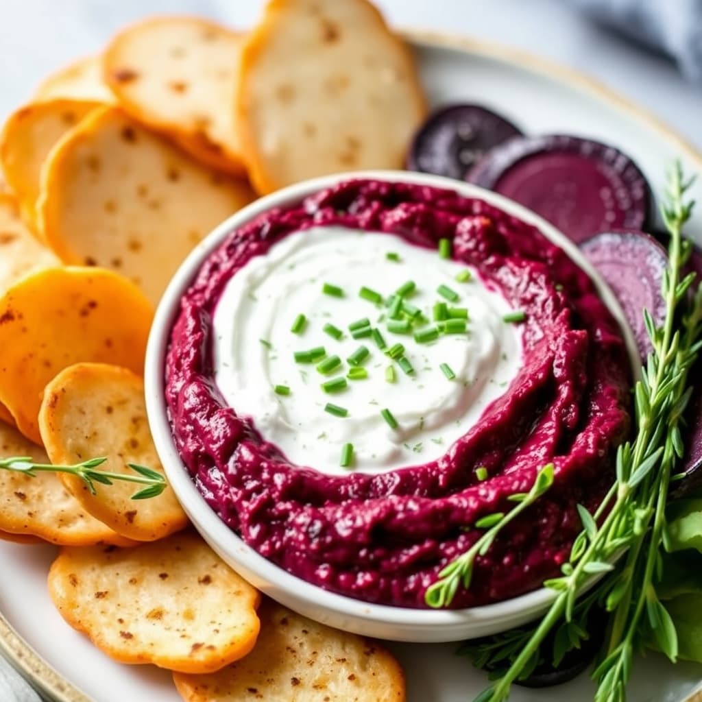 Ristet rødbet- og geitostdipp med gressløk og timian