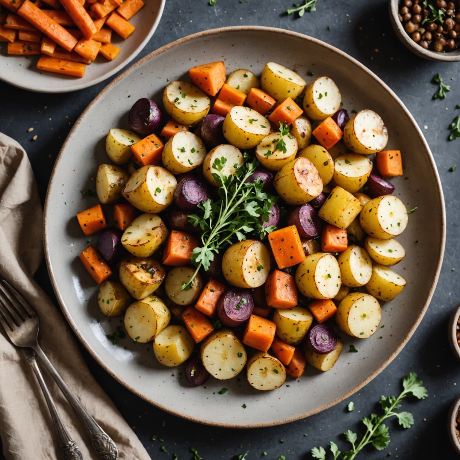 Ristet rotselleri og poteter med gulrøtter