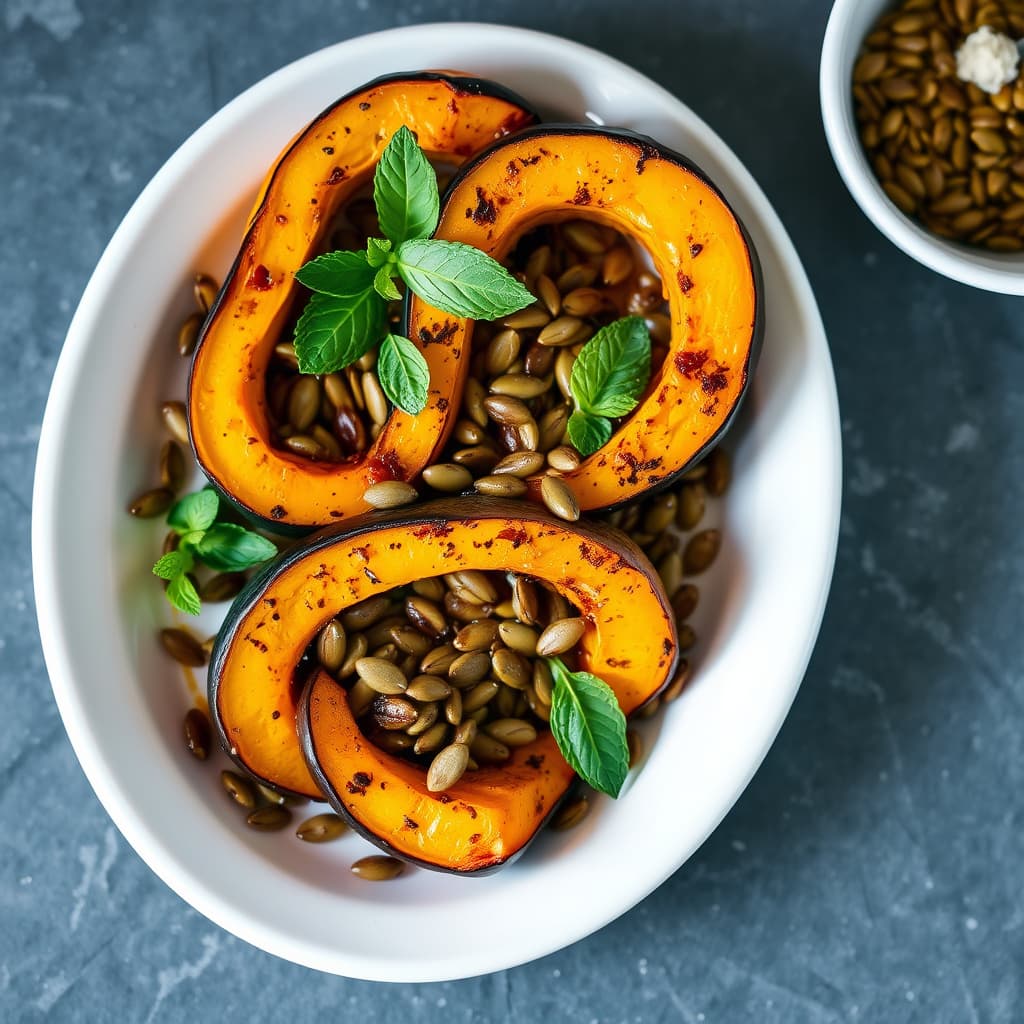 Ristet squash med mynte og ristet gresskarkjerner