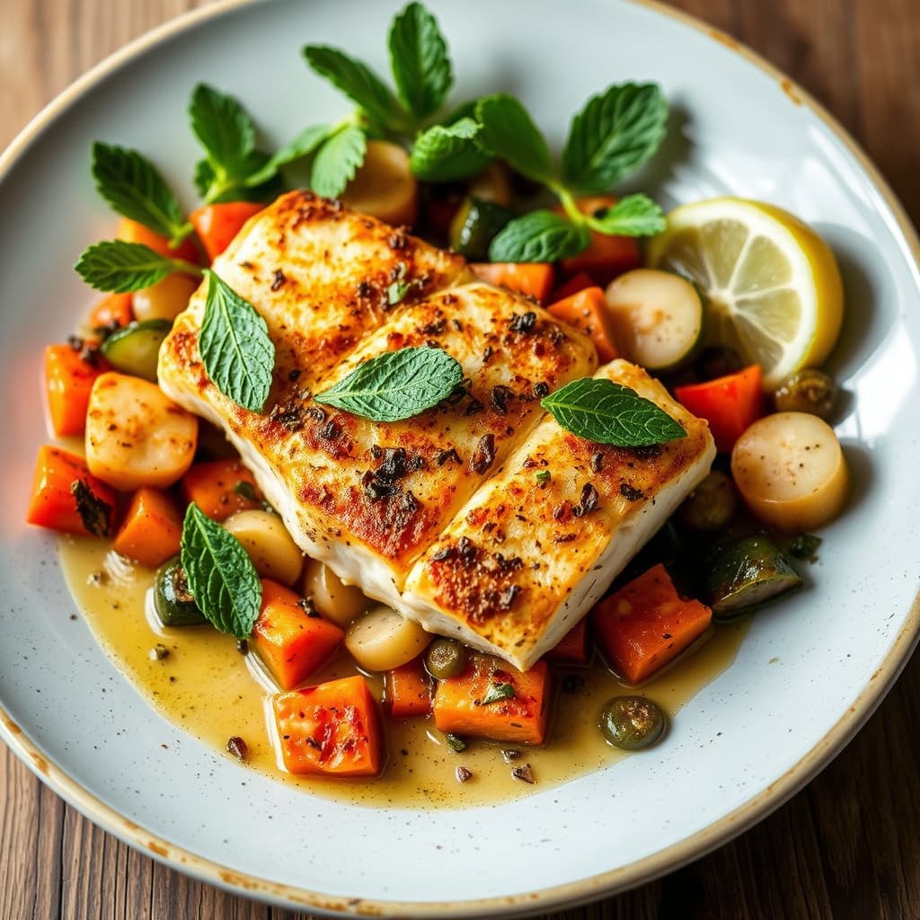 Ristet stillehavskveite med vårgrønnsaker og mynte