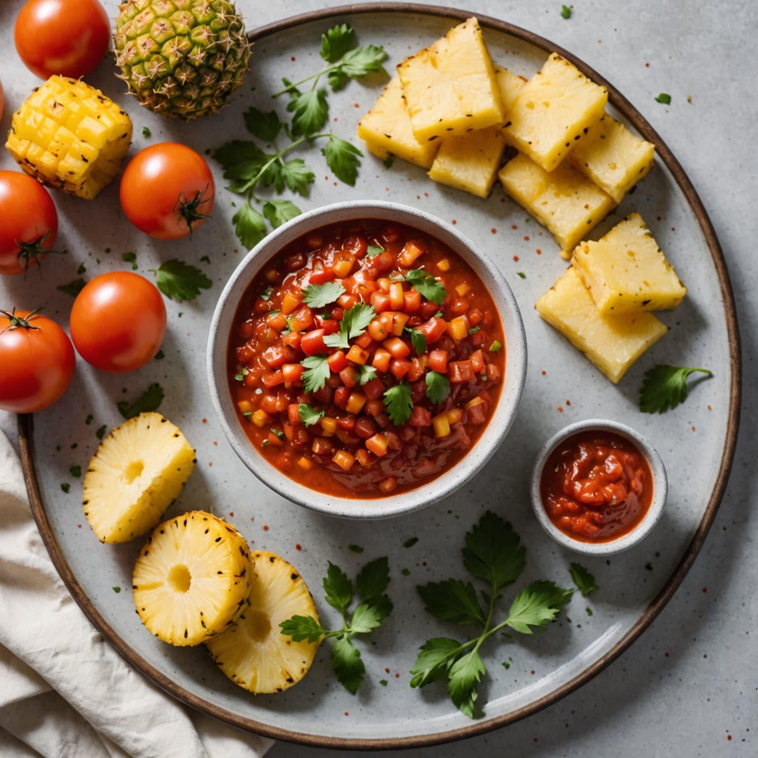 Ristet tomatsalsa og søt ananas- og kremdipp