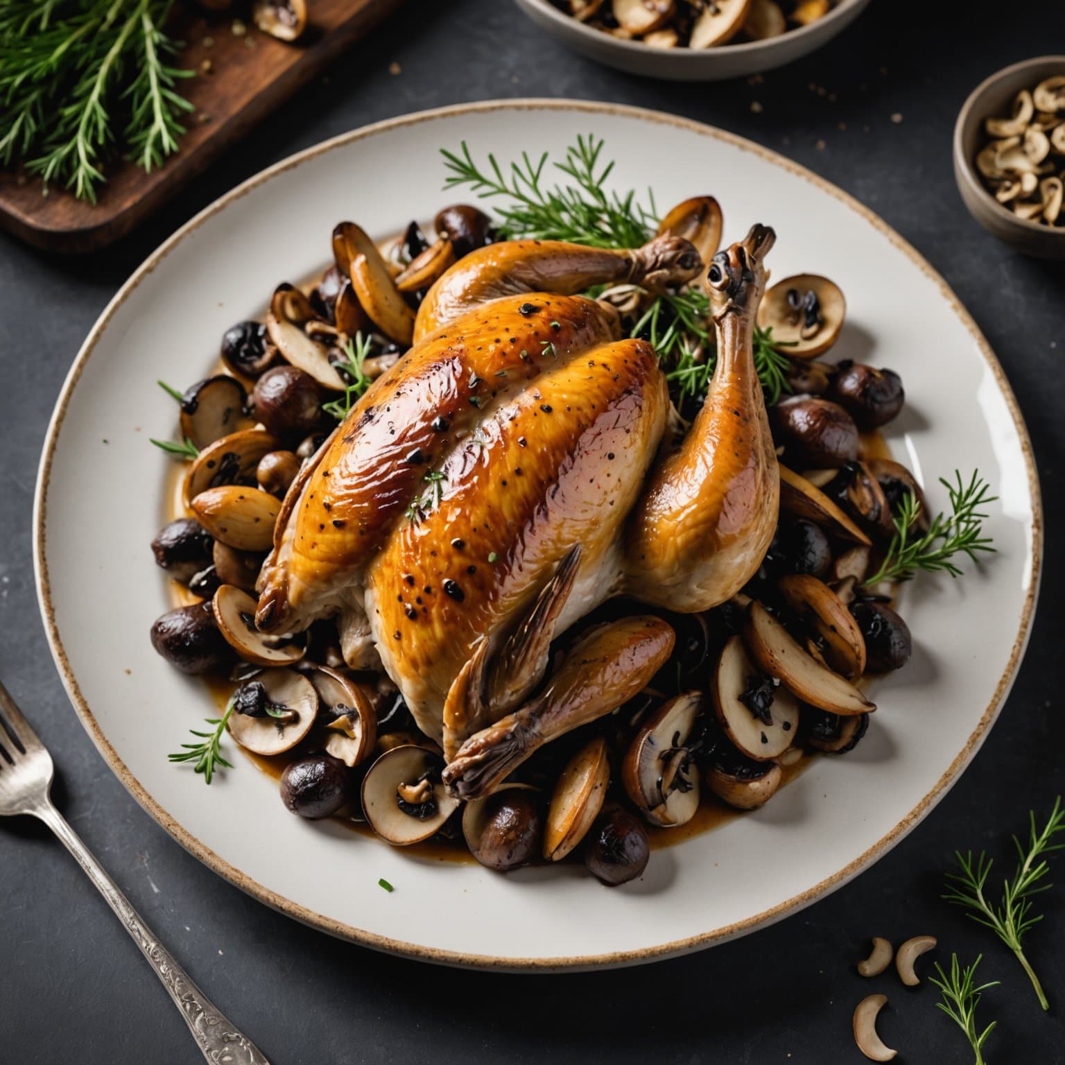 Ristet vaktel med ville sopp