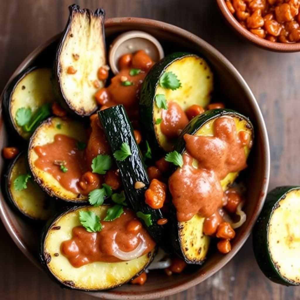 Ristet zucchini og cippolini-løk med hasselnøtt-romesco-saus