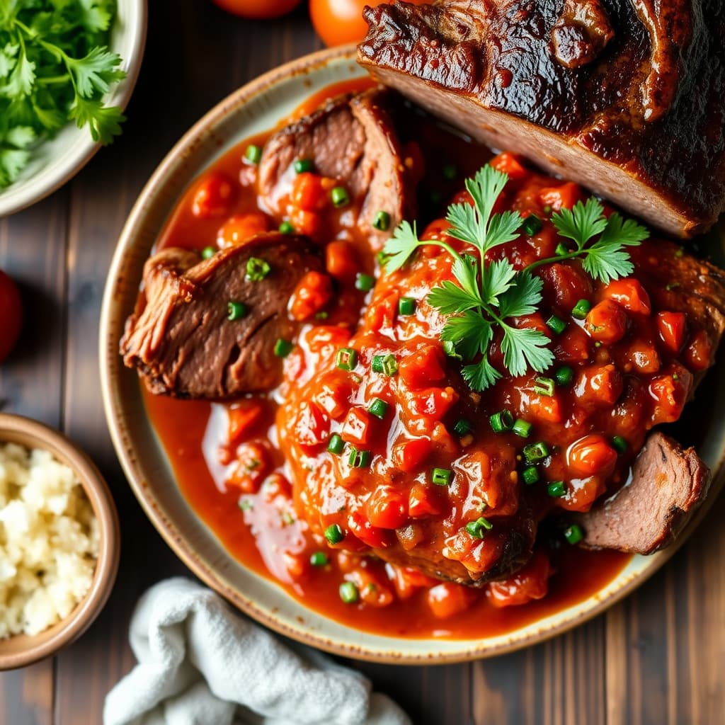 Roastbiff med krydret persille- og tomatsaus