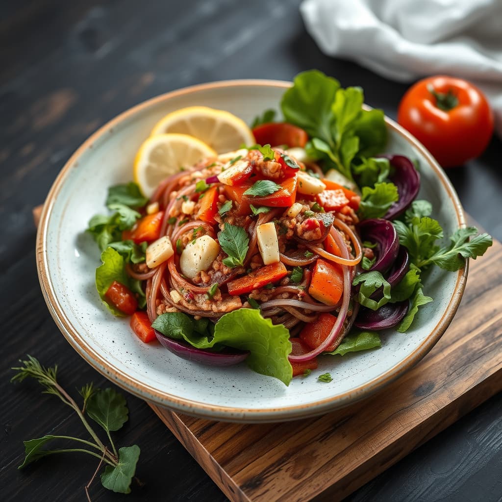 Rød mulletsalat med grønnsaker