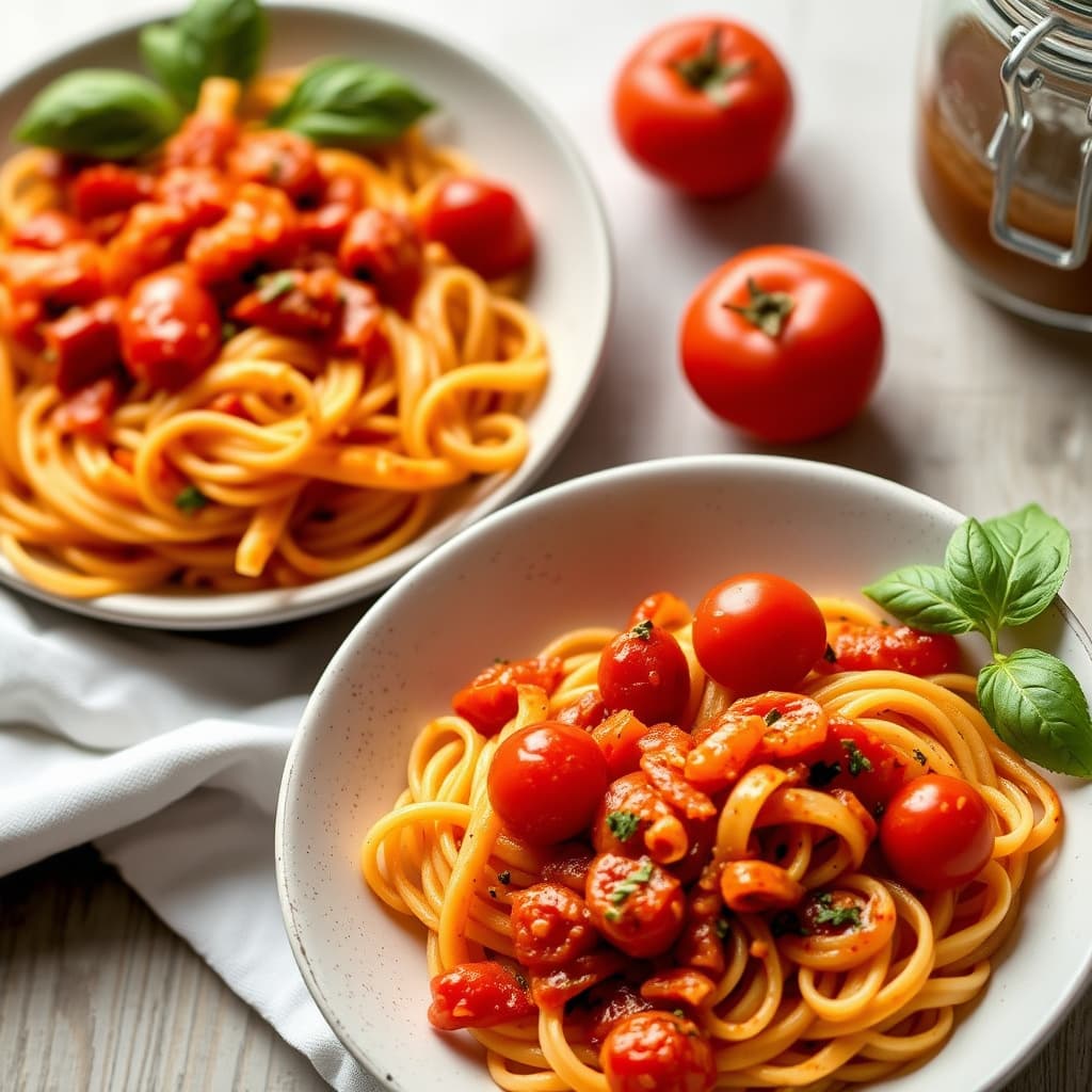 Rød pepperpenne med cherrytomatputtanesca