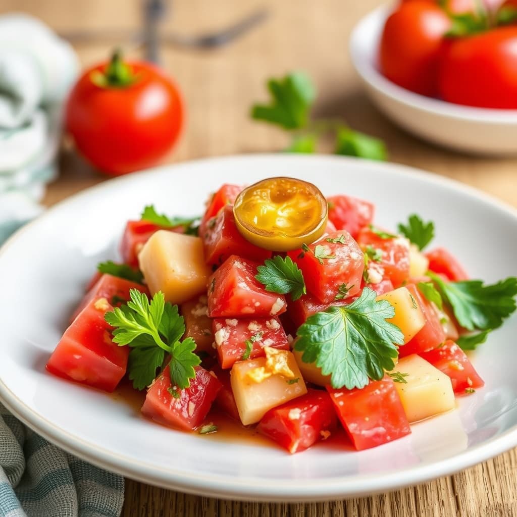 Rødbetpotetsalat med tomat og sylteagurk