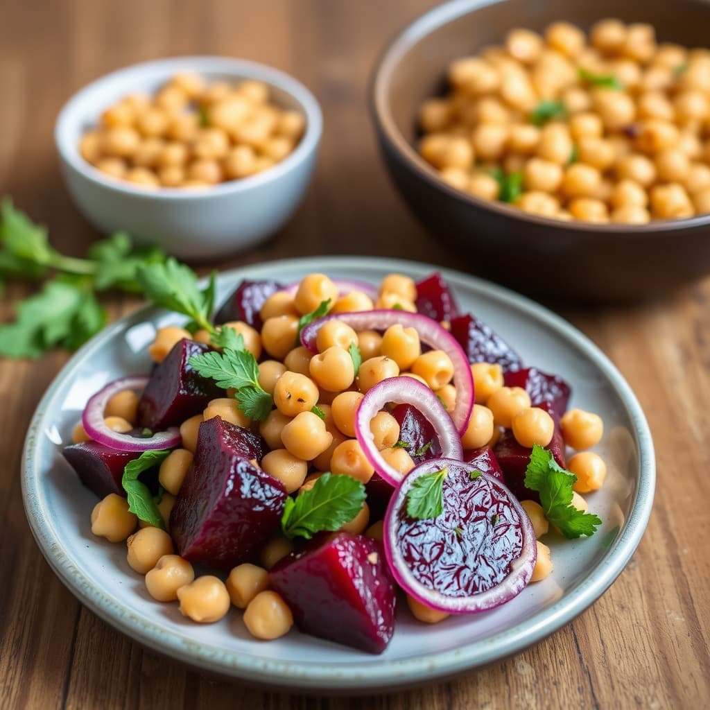 Rødbetsalat med ovnsbakte rødbeter, kikerter og rødløk