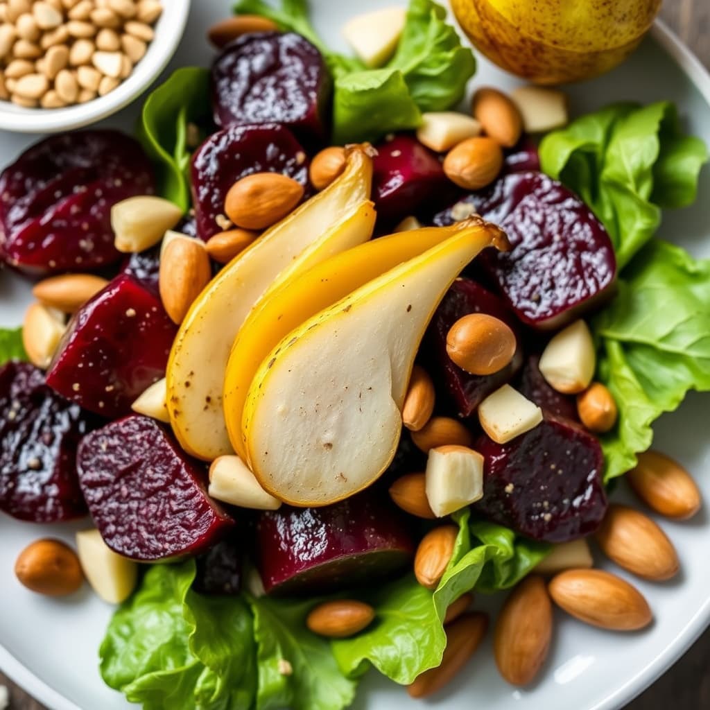 Rødbetsalat med ovnsbakte rødbeter, pærer og Marcona-mandler