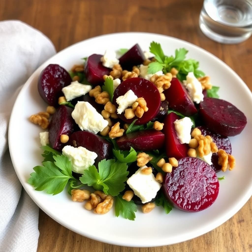 Rødbetsalat med ristede valnøtter og geitost