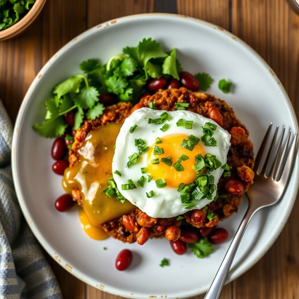 Røde bønne- og pølse-kaker med posjerte egg og koriandersalsa