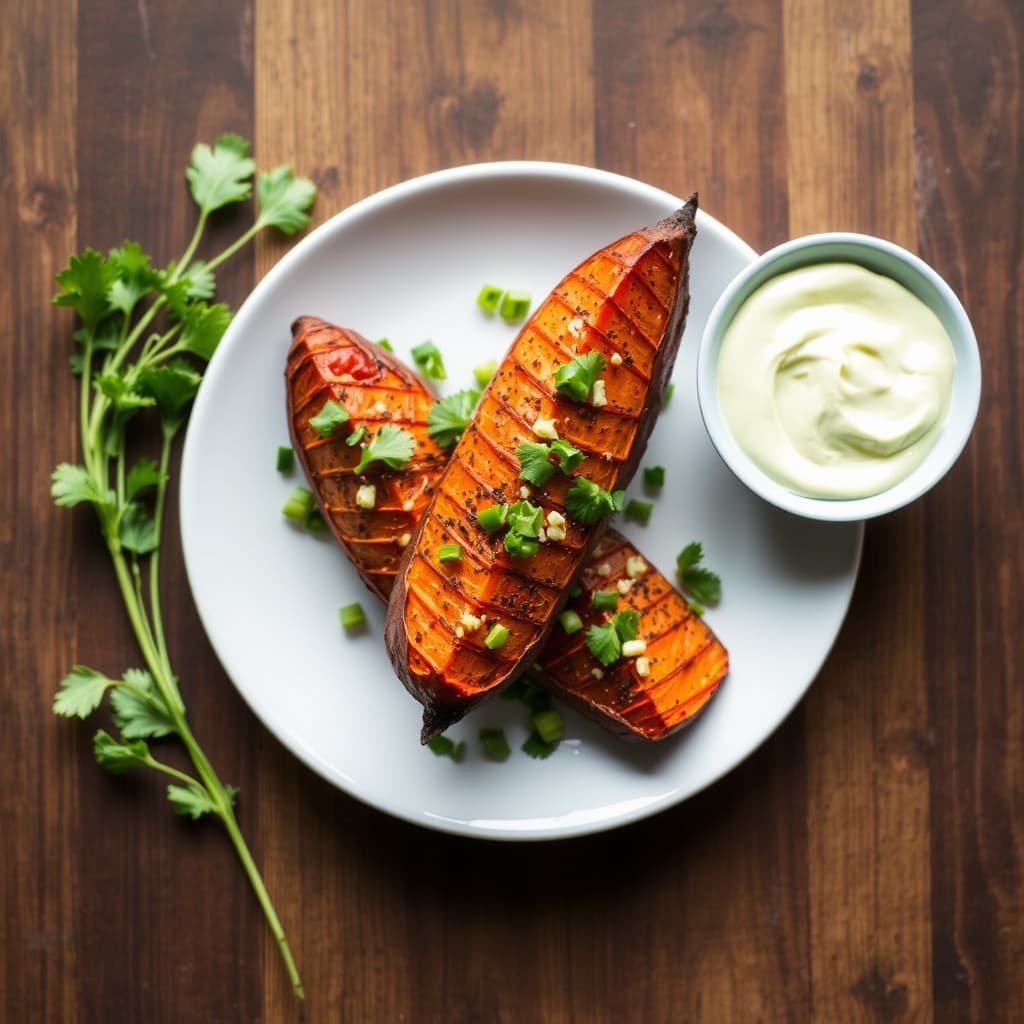 Røde chili-kruste søtpoteter med vårløk-vinaigrette