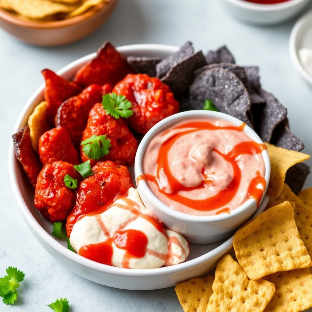 Røde og hvite doble dippere med blå maischips