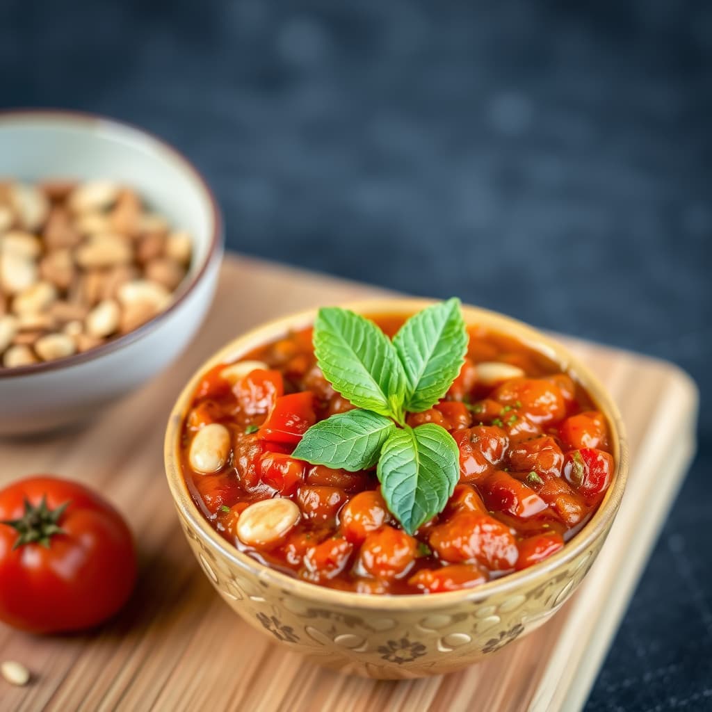 Rødfargede pepperchutney med mynte og mandler