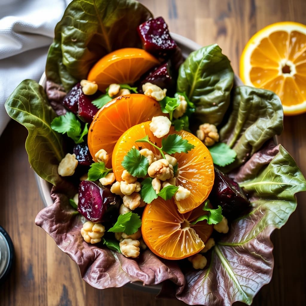 Rødløksalat med ovnsbakte rødbeter, appelsiner og valnøtter
