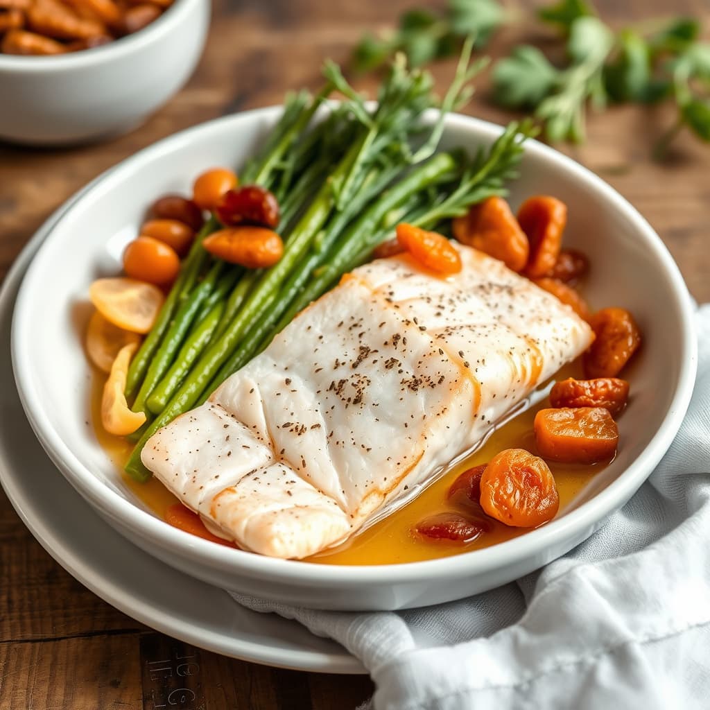 Rødstrømsfilet med grønne bønner og tørkede aprikoser