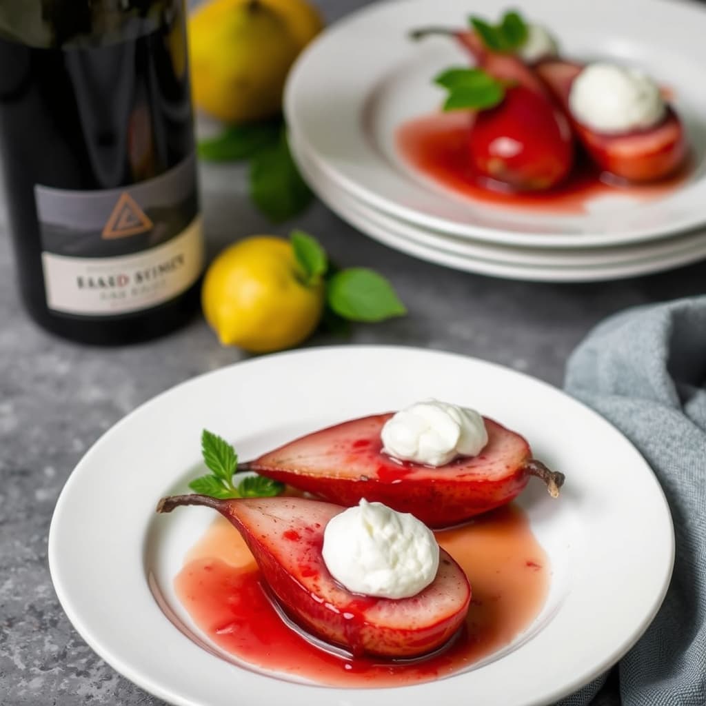 Rødvin- og portkokte pærer med mascarpone