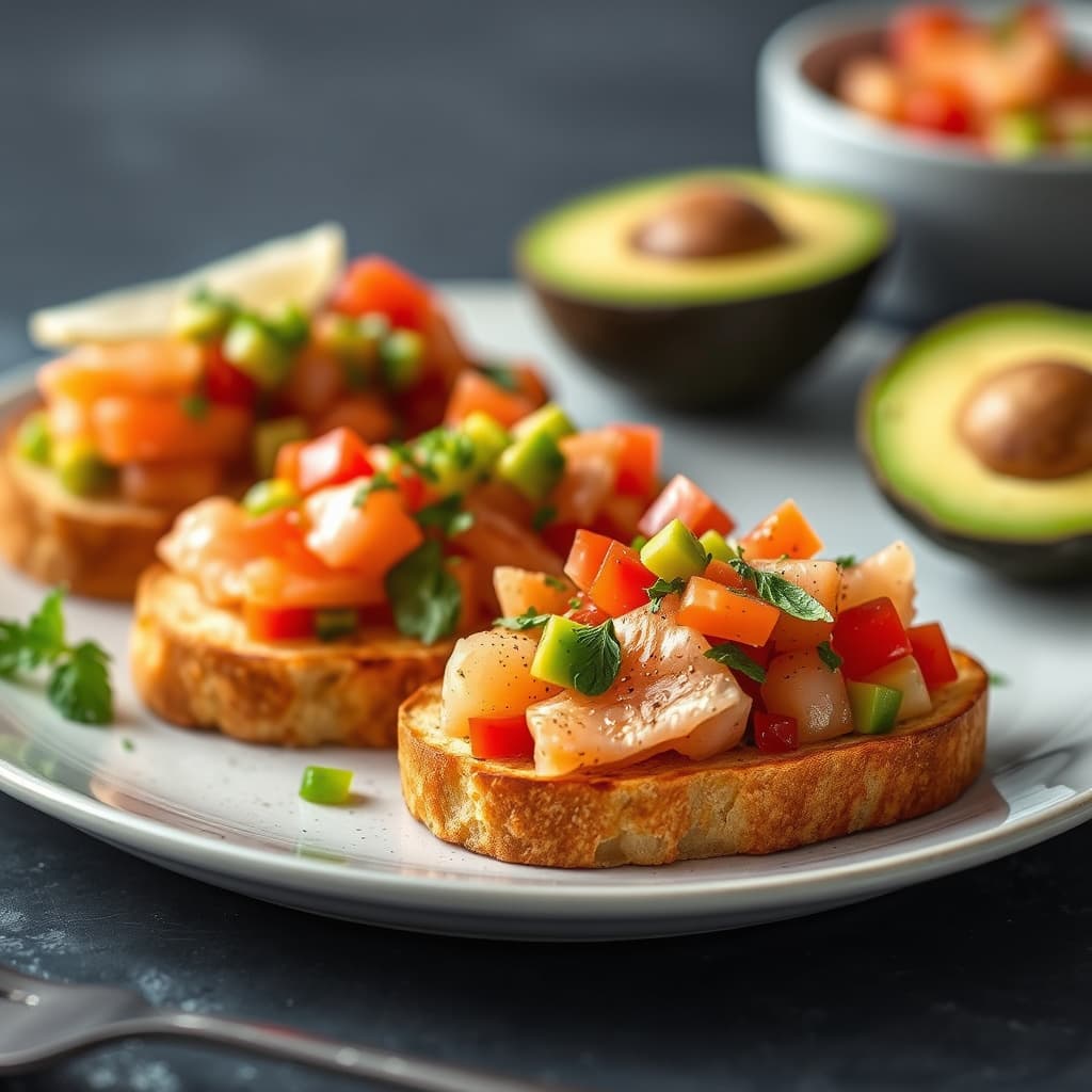Røkelaks bruschetta med tomat- og avokadosalsa