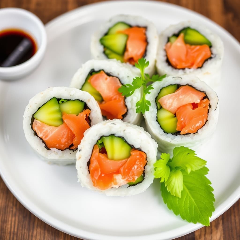 Røkelaks og jicama-maki sushi-ruller
