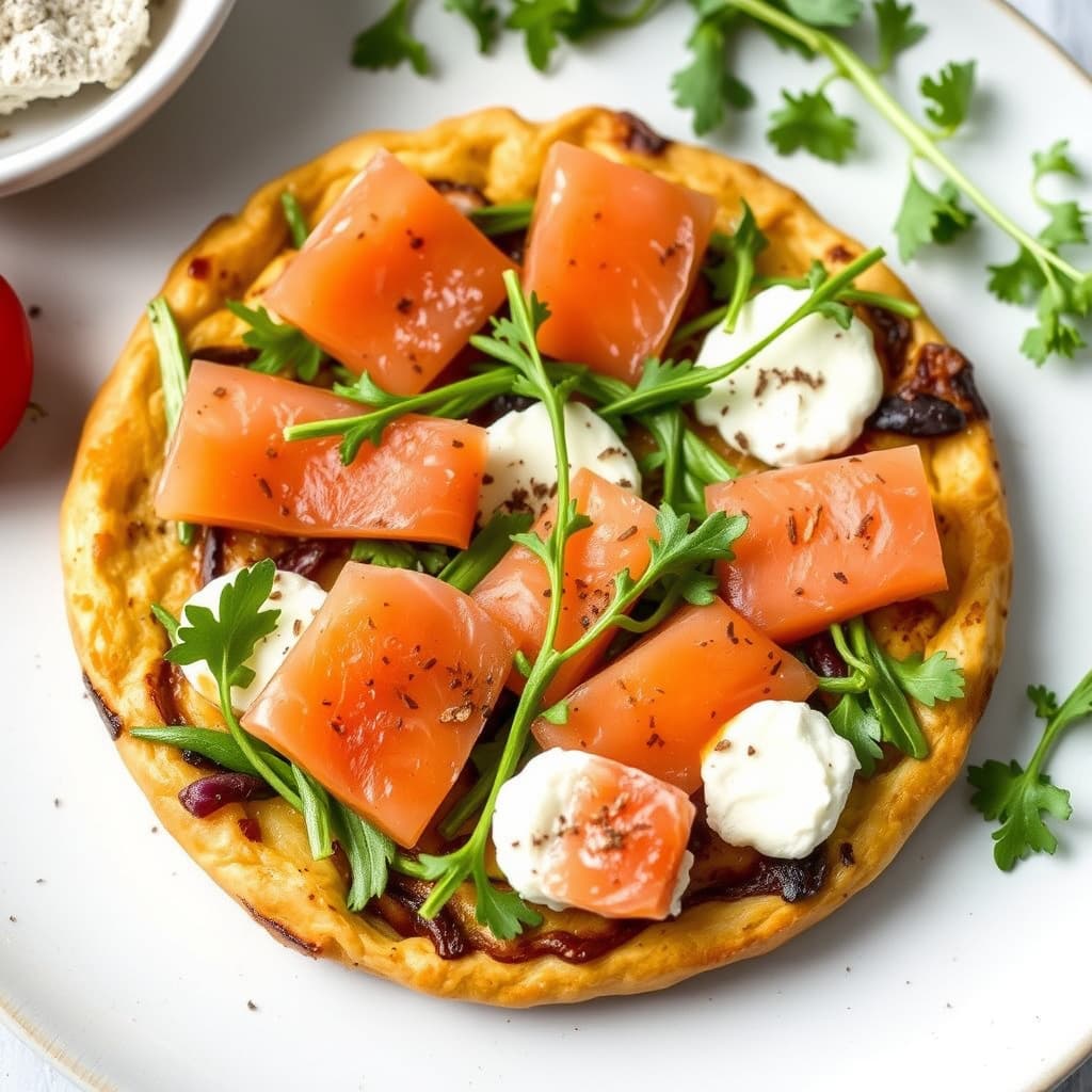 Røkelaks, ruccola og geitosttart