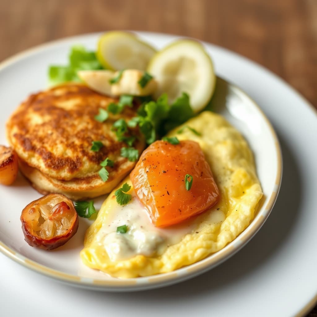 Røkelaksomelett og eple- og potetpannekaker