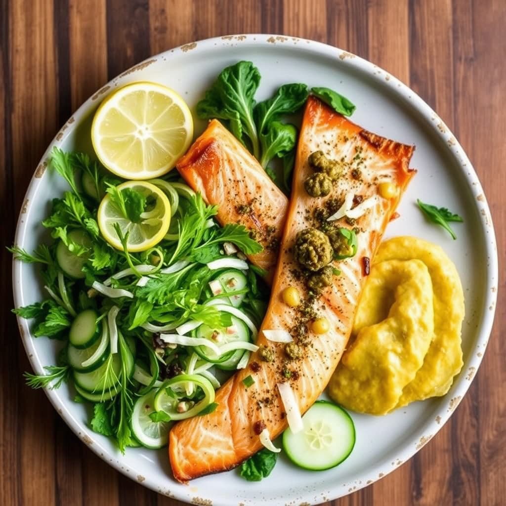 Røkt fisketallerken med senneps-kapersaus og fennikel-agurpsalat