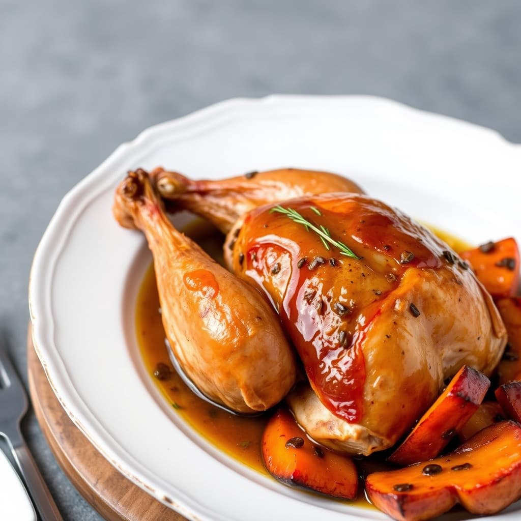 Røkt kalkun med shiitake- og purreløkpanne og kandiserte yam.